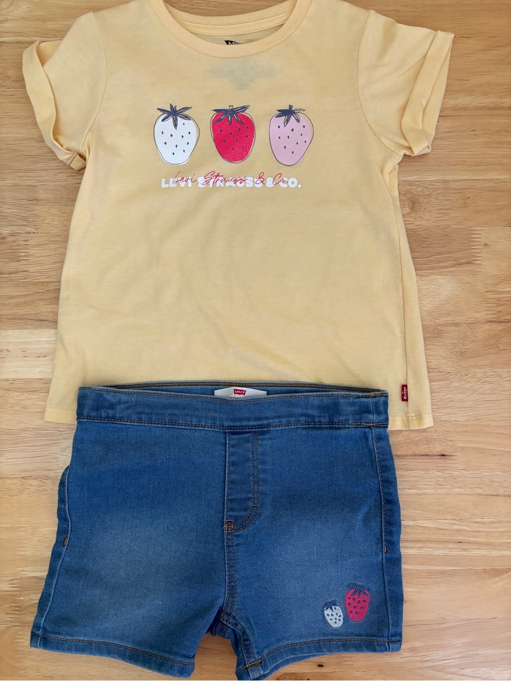 Levi's Yellow Tee with Red and Pink Strawberry Graphics and Blue Shorts size 6X